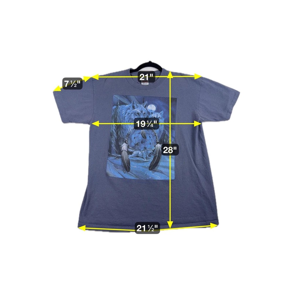 Vintage Anvil Wolf Dreamcatcher Graphic T-Shirt Blue Mens Large Made in USA - Picture 7 of 7